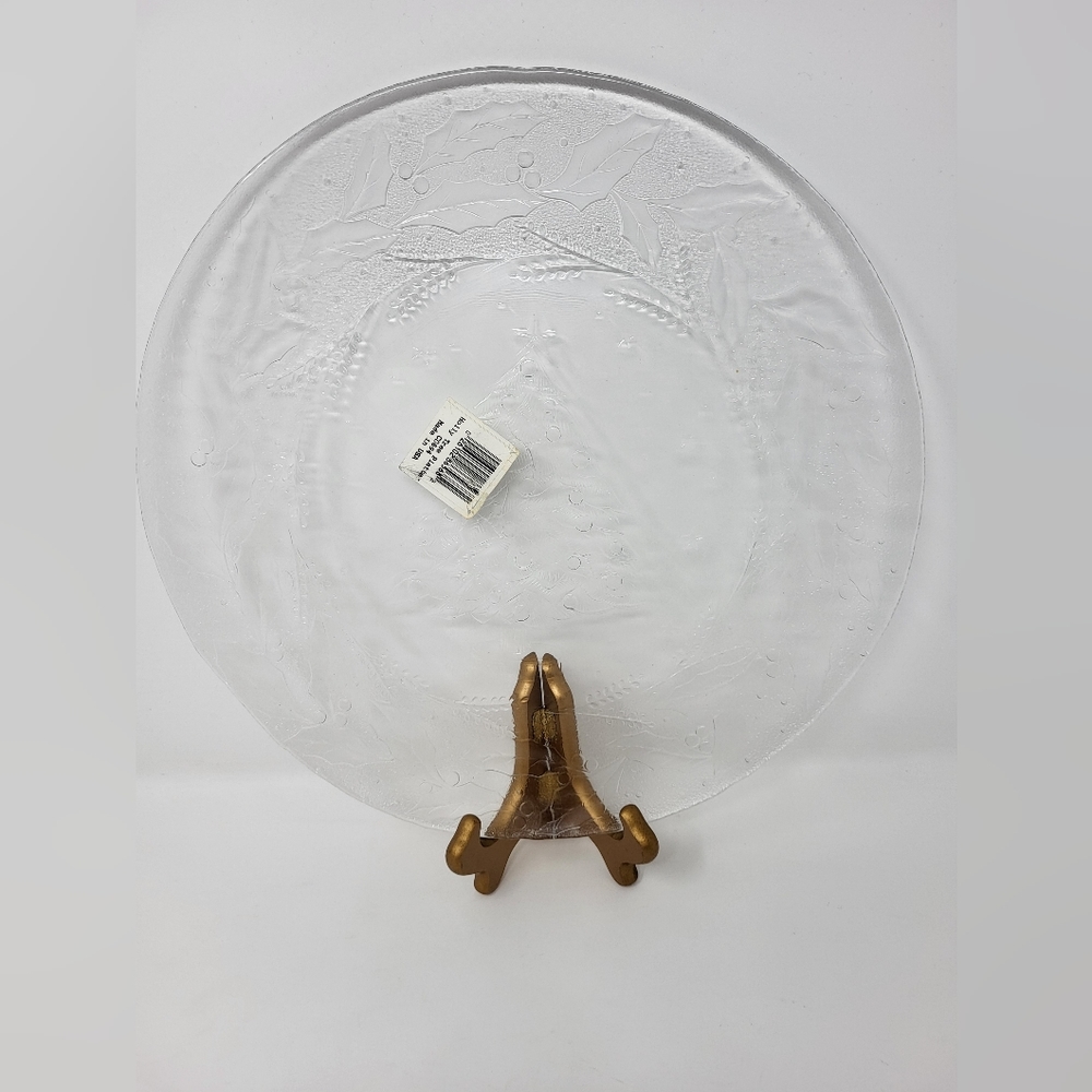 13" Round Holly Christmas Tree Glass Clear Serving Platter Plate‎ New